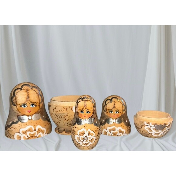 Hand Painted Wood Burned Russian Matryoshka Nesting Doll 3.75” Set of 3 - Picture 6 of 8